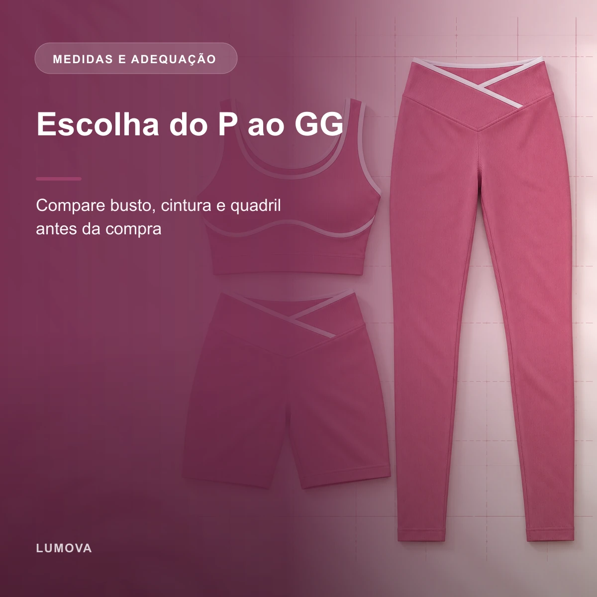 Medidas e adequação de Conjunto Fitness Canelado 3 Peças