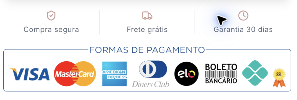 Formas de pagamento: Visa, Mastercard, American Express, Diners Club, Elo, boleto bancário e Pix. Selo SSL.
